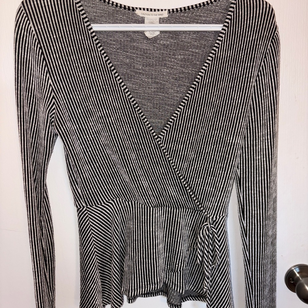 Caution To The Wind Black and White Wrap Peplum Blouse